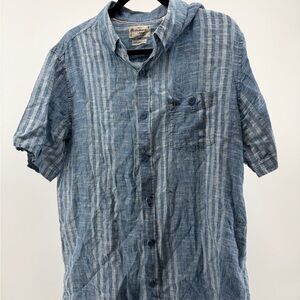 Weatherproof Mens Washable Linen Button Up Shirt Large Blue Stripe Short Sleeve